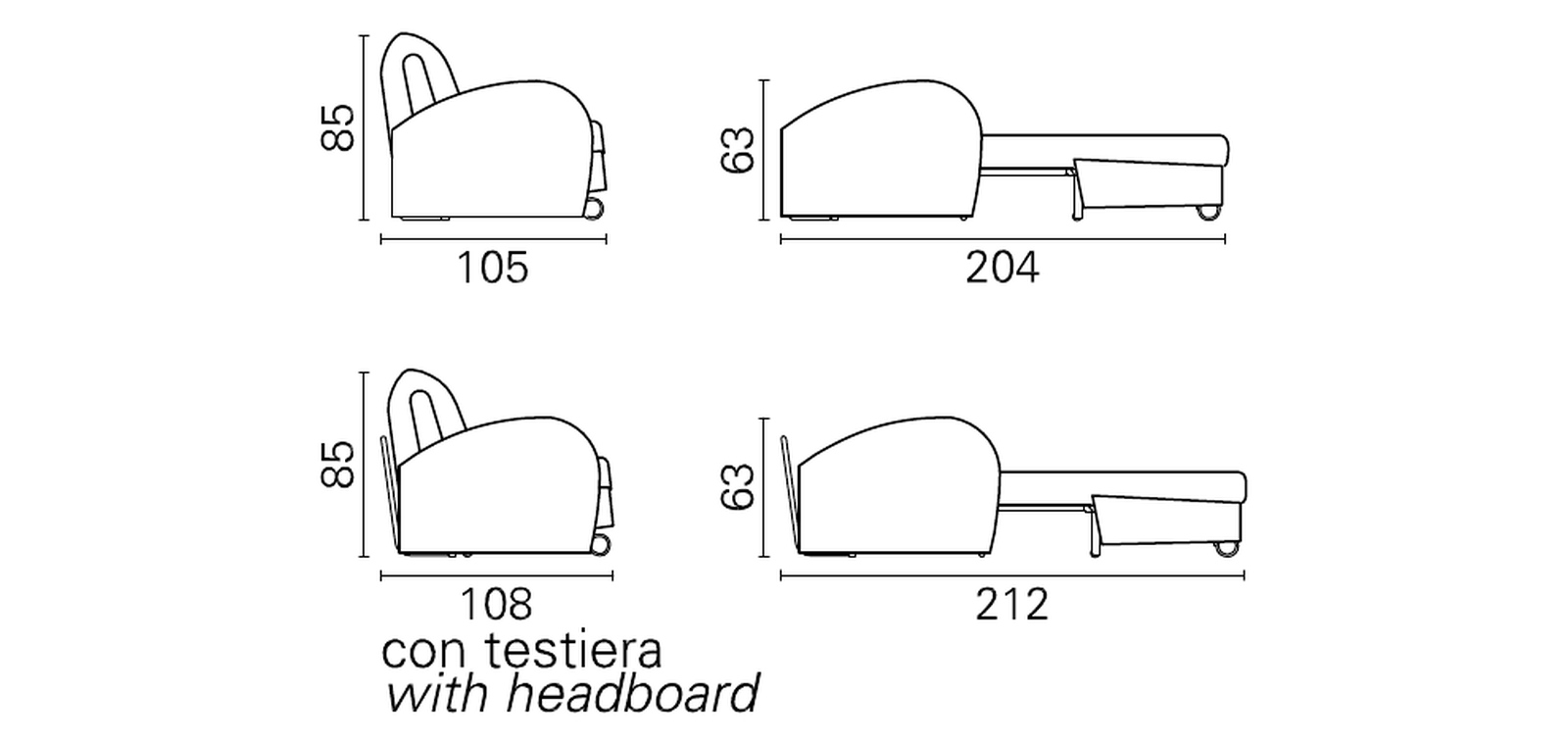 Plans cotés BK du BK 129 Vintage de profil, fermé et ouvert, avec et sans tête de lit