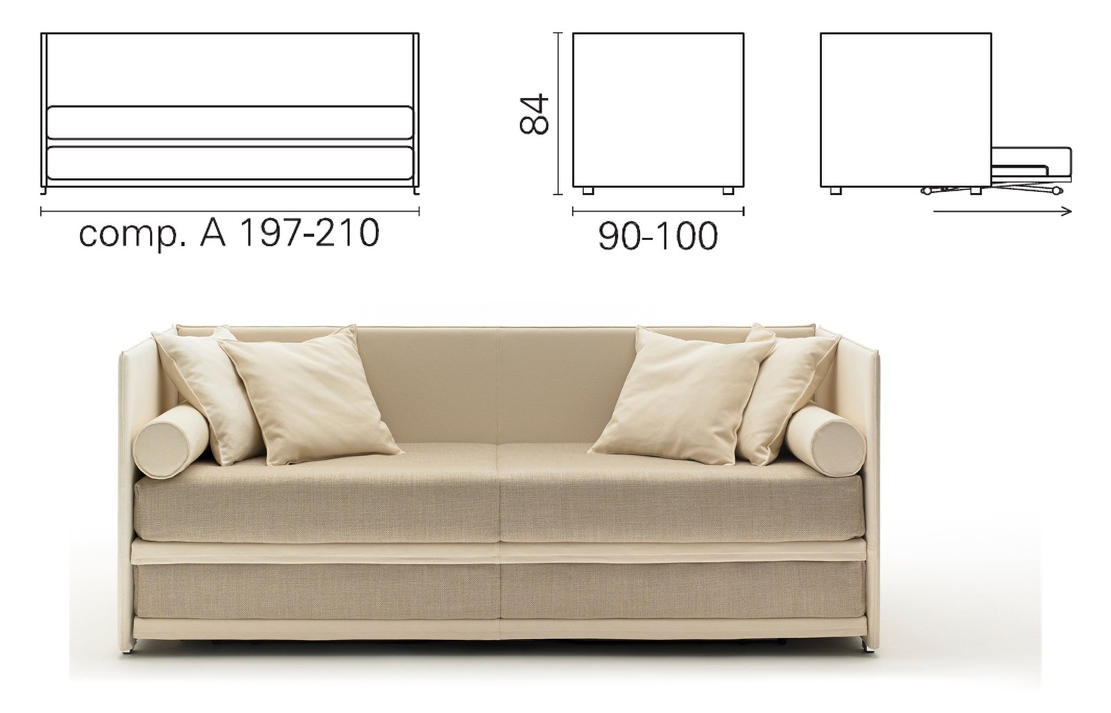 Plan coté et photo de la méridienne BK 152 Ottomana Twice composition A, deux accoudoirs hauts et dossier haut, 84 cm