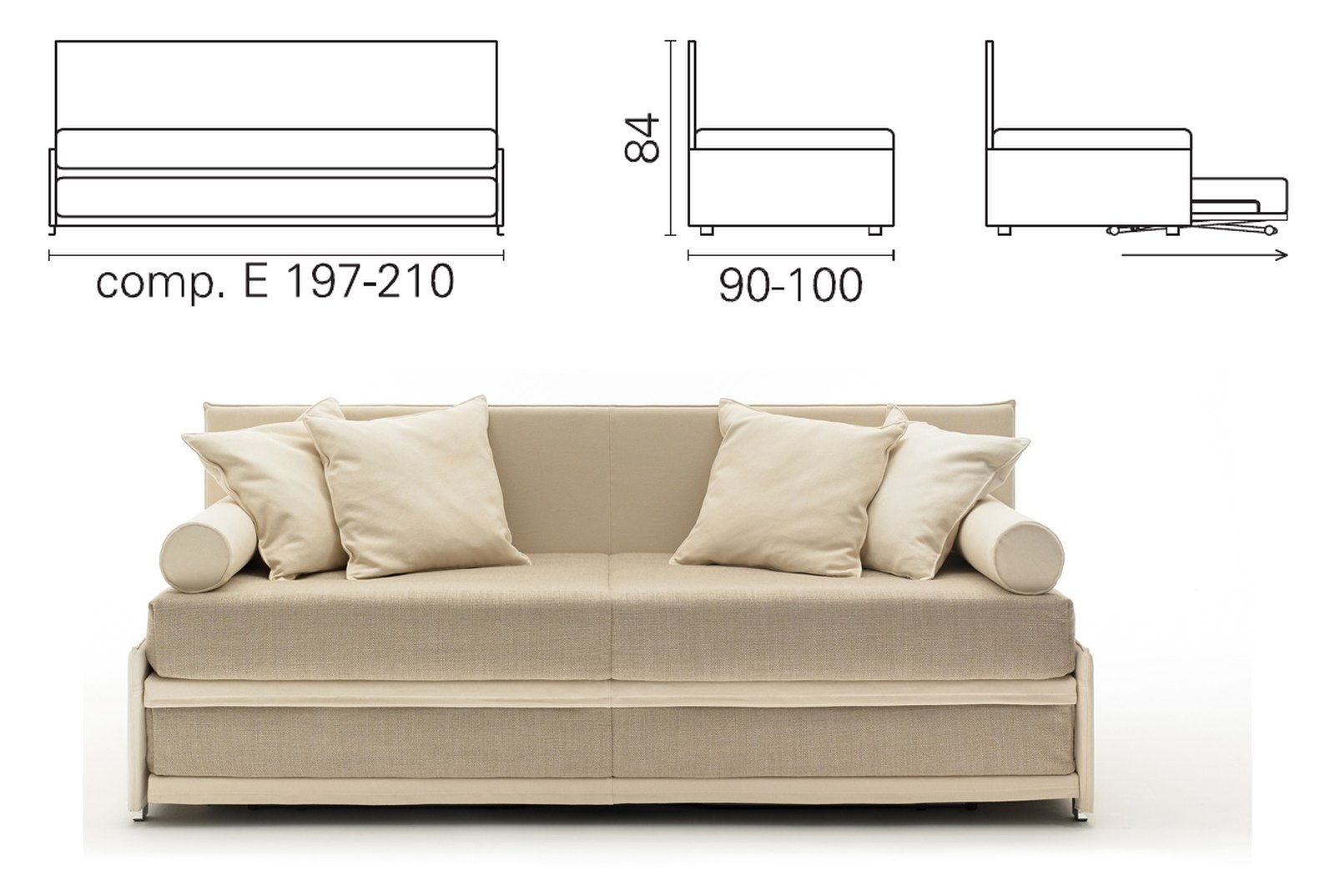 Plan coté et photo de la méridienne BK 152 Ottomana Twice composition E, sans accoudoirs, dossier haut, 84 cm