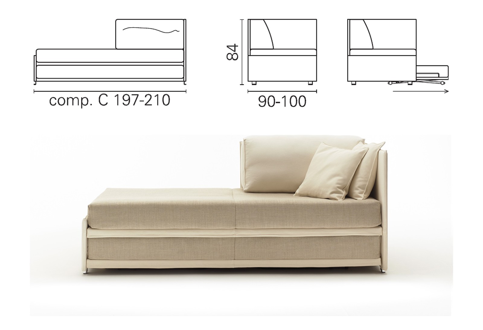 Plan coté et photo de la méridienne BK 153 Meridienne Twice composition C, un accoudoir haut, dossier à coussin, 84 cm
