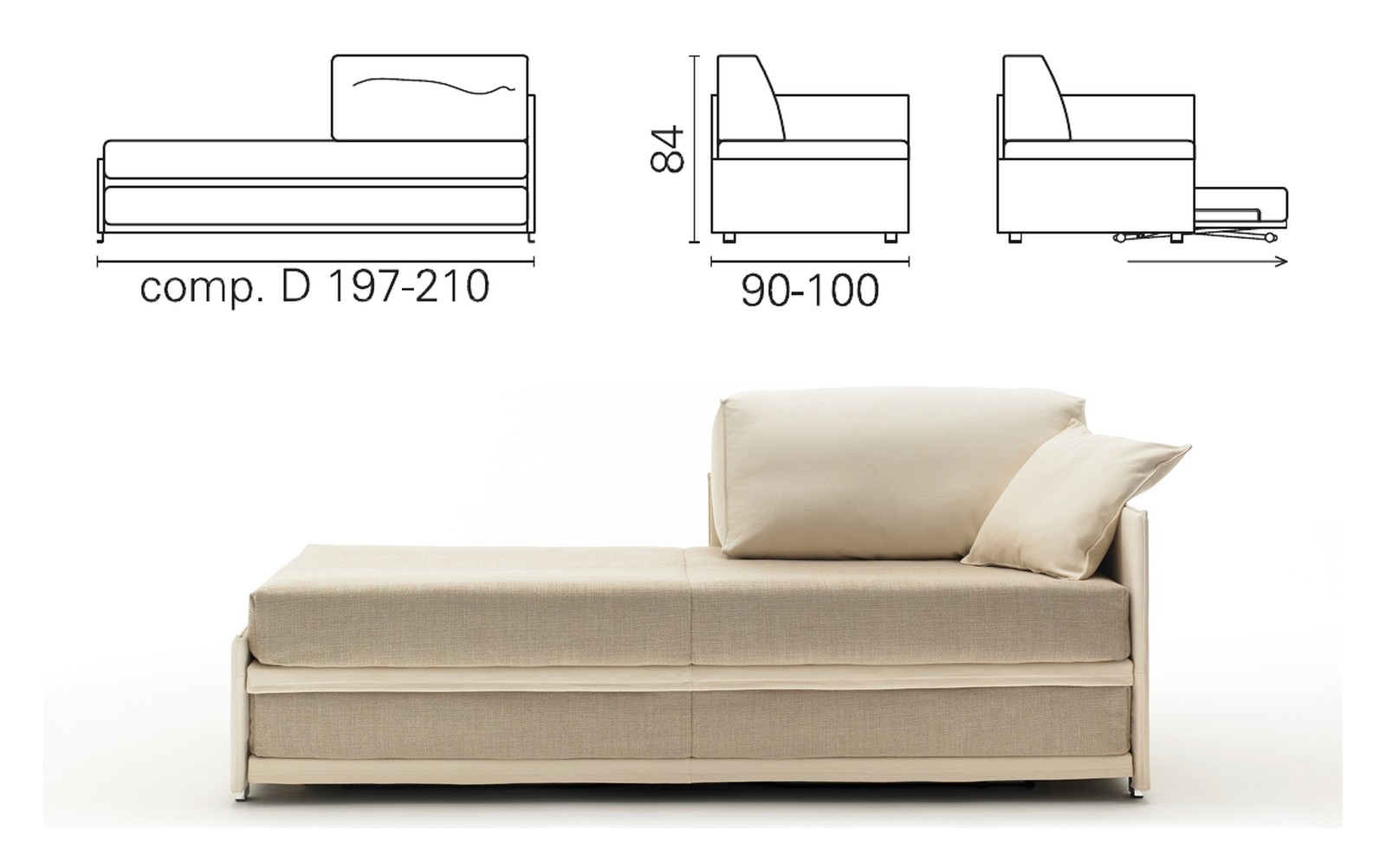 Plan coté et photo de la méridienne BK 153 Meridienne Twice composition D, un accoudoir bas, dossier à coussin, 84 cm