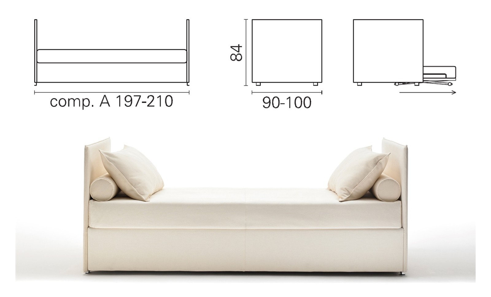 Plan coté et photo du lit BK 154 composition A, deux têtes de lit hautes, 84 cm
