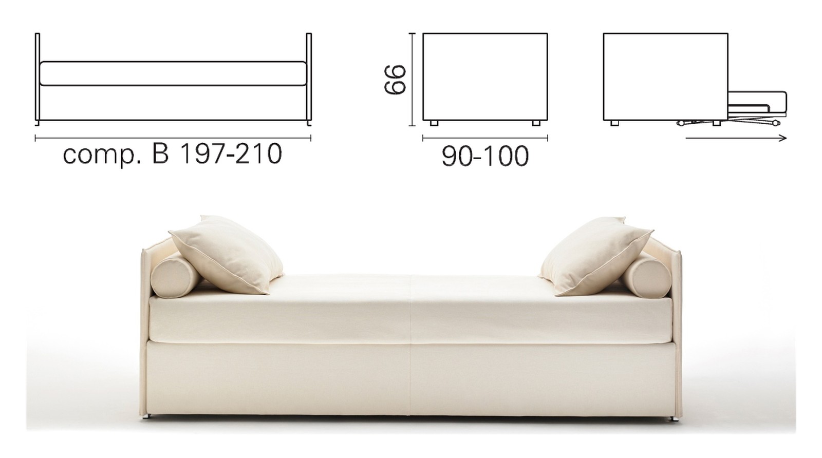 Plan coté et photo du lit BK 154 composition B, deux têtes de lit basses, 66 cm