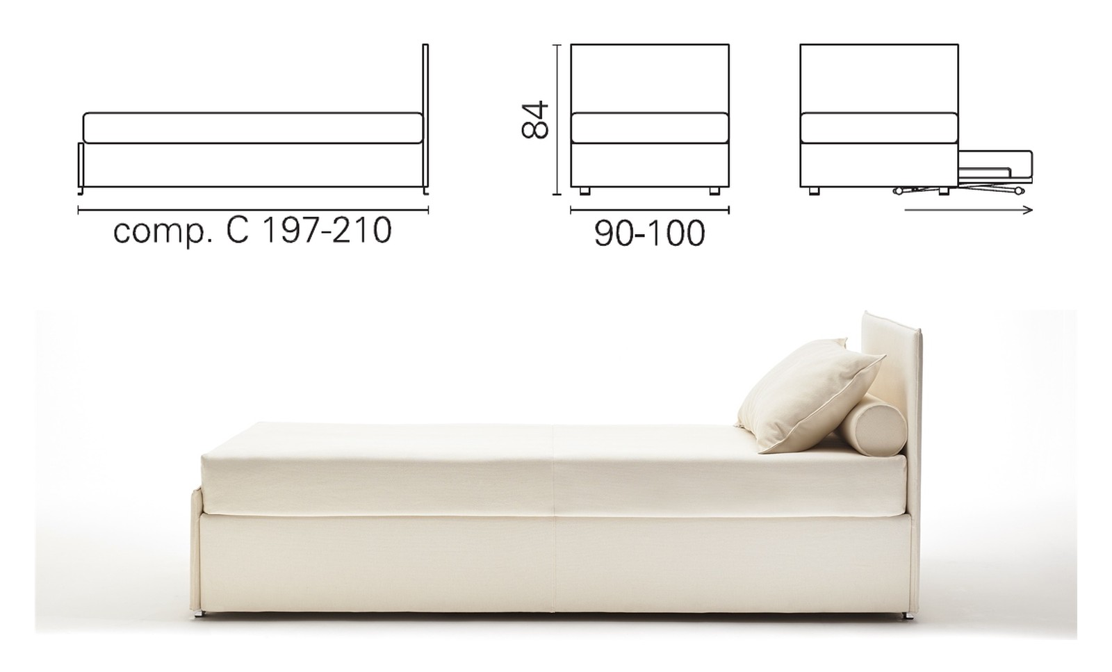Plan coté et photo du lit BK 154 composition C, une tête de lit haute, 84 cm