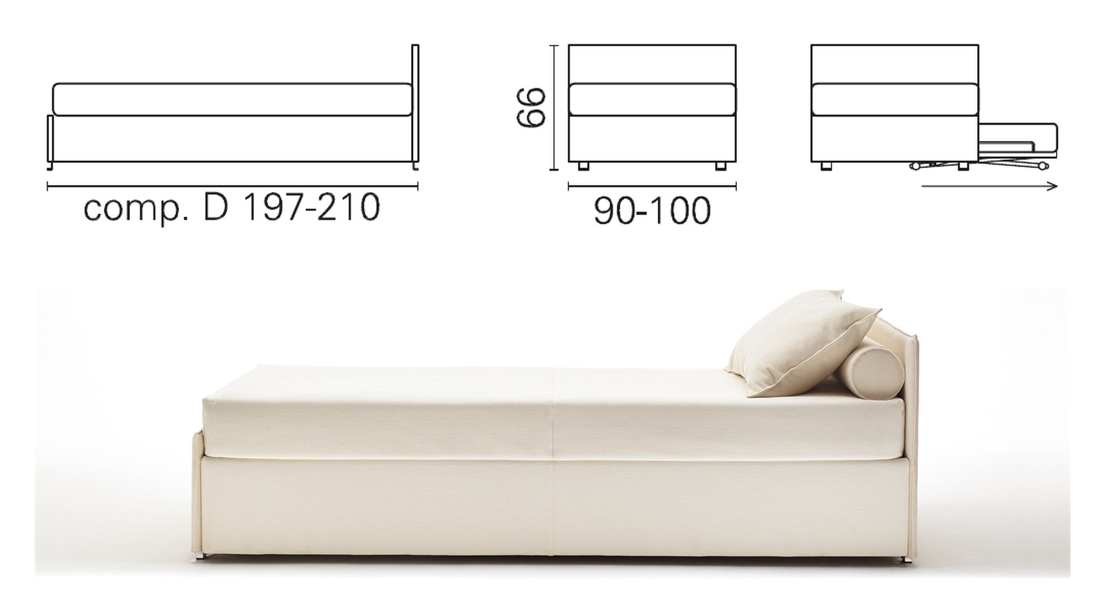 Plan coté et photo du lit BK 154 composition D, une tête de lit basse, 66 cm