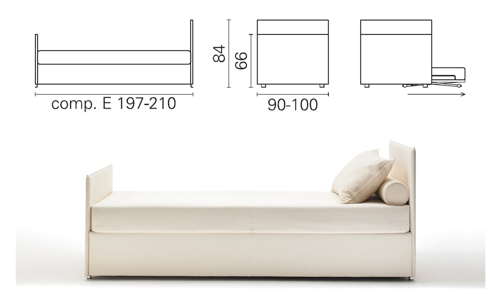 Plan coté et photo du lit BK 154 composition E, une tête de lit haute, une basse, 84 et 66 cm
