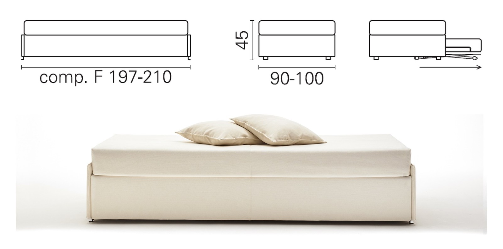 Plan coté et photo du lit BK 154 composition F, sommier seul, sans tête de lit, 45 cm