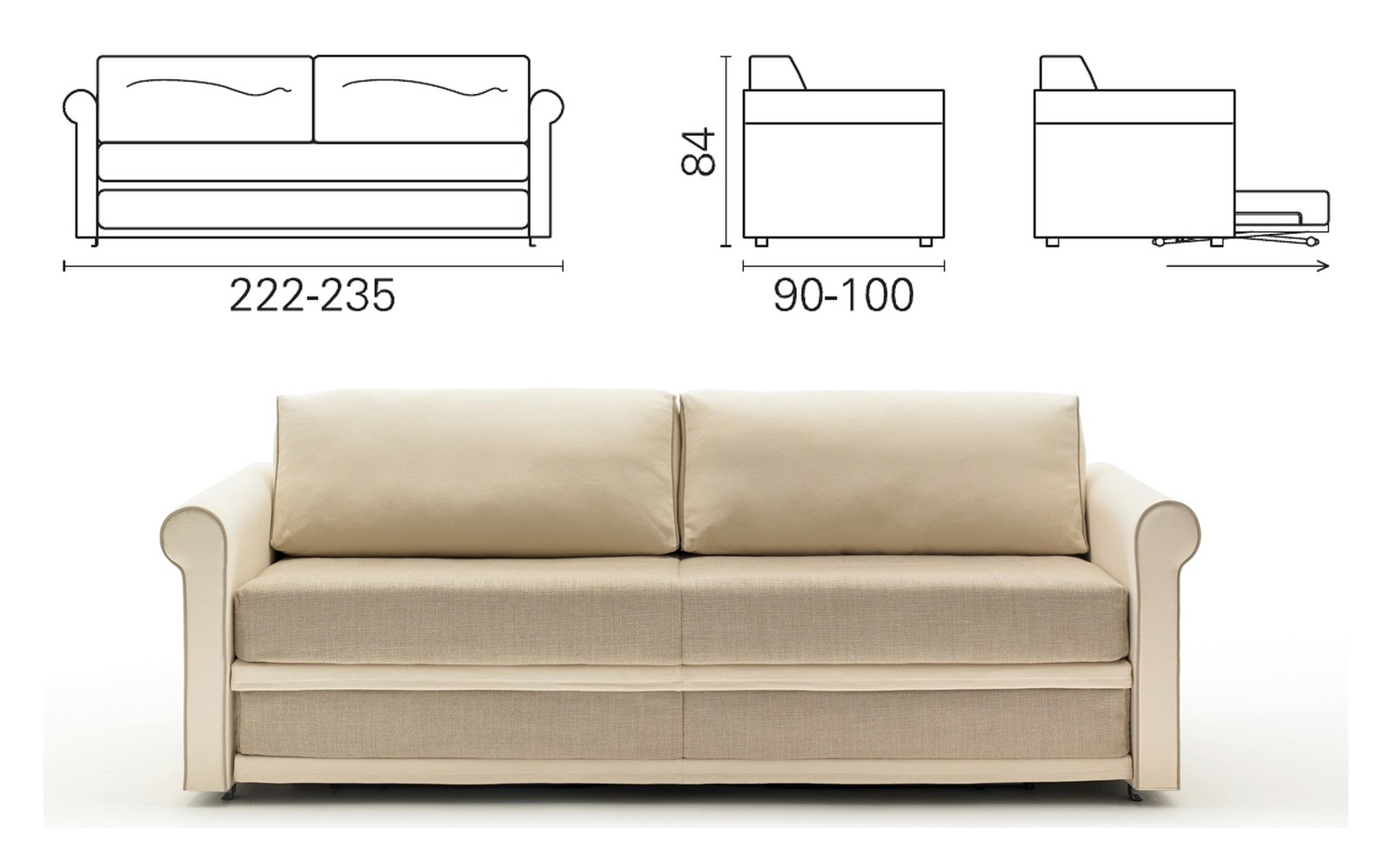 Plan coté et photo du canapé BK 160 Sofa Twice : 222 ou 235 cm de long, 84 cm de haut