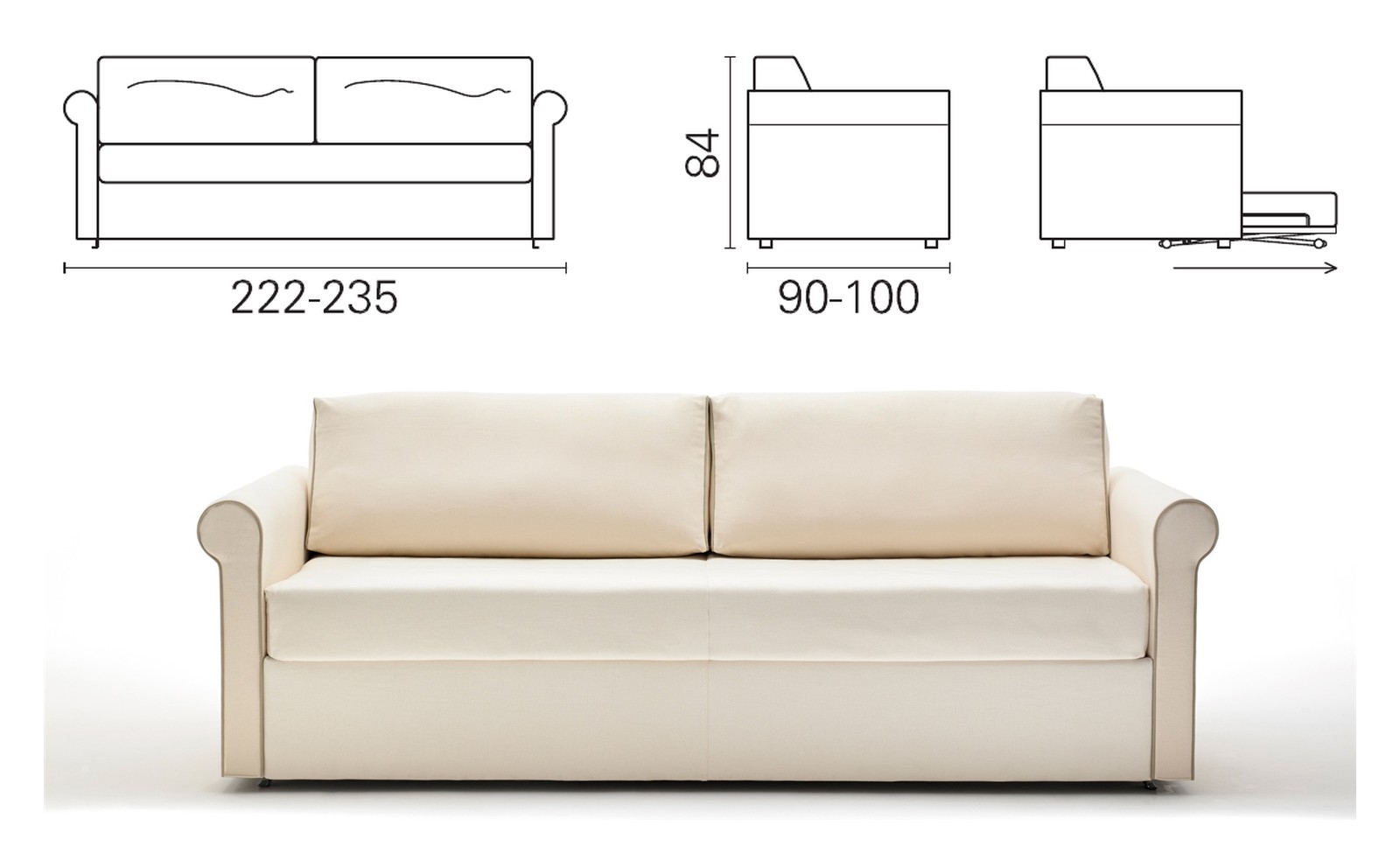 Plan coté et photo du canapé BK 160 Sofa : 222 ou 235 cm de long, 84 cm de haut