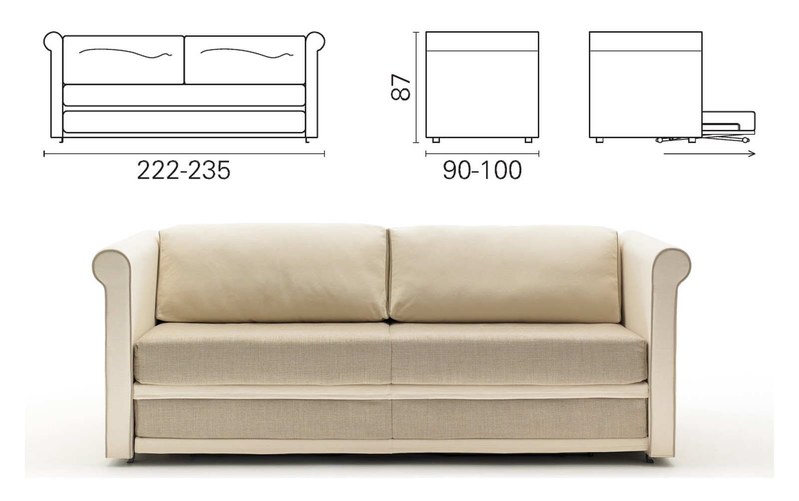 Plan coté et photo du canapé BK 161 Sofa Twice : 222 ou 235 cm de long, 87 cm de haut