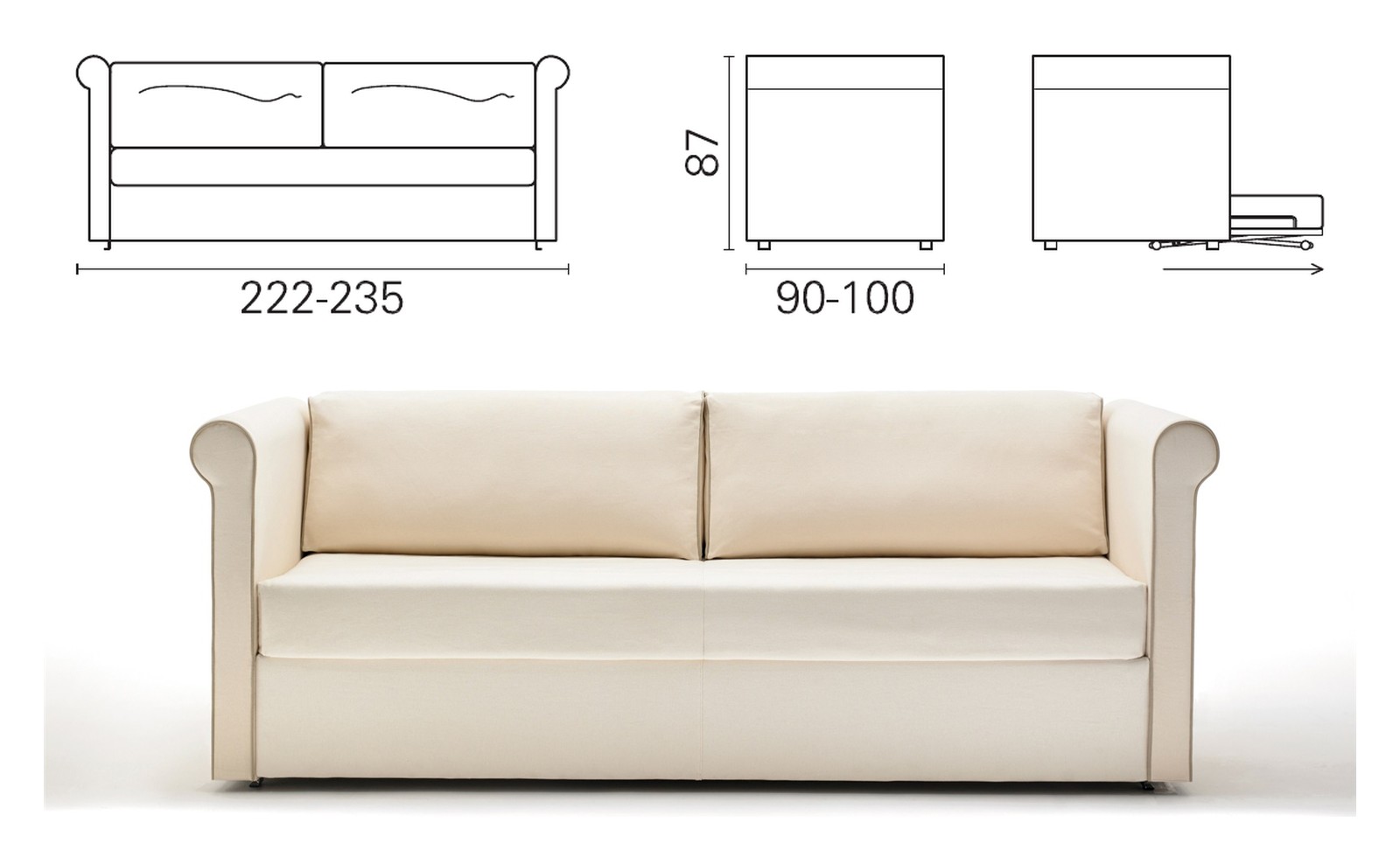 Plan coté et photo du canapé BK 161 Sofa : 222 ou 235 cm de long, 87 cm de haut