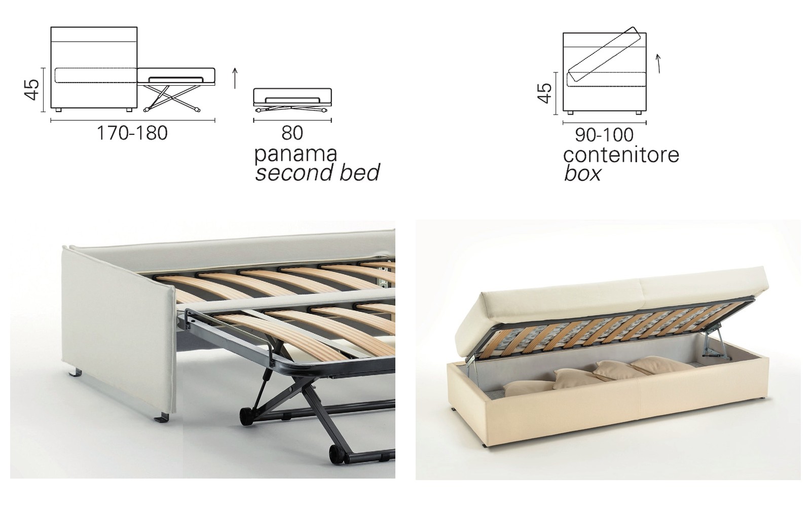 BK 161 Sofa : version lit gigogne relevé sur vérins à gaz, et version coffre de rangement sous l'assise