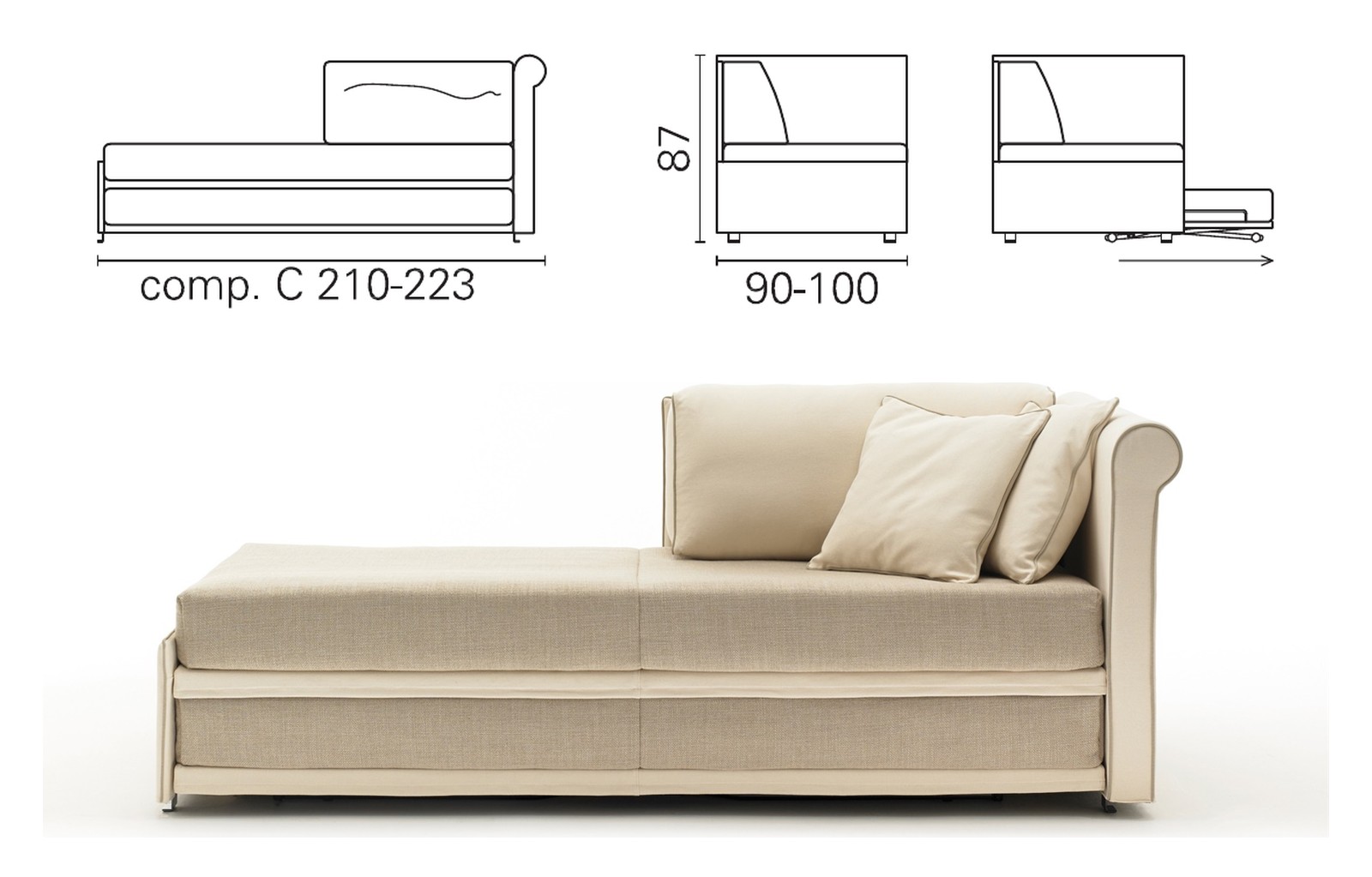 Plan coté et photo de la méridienne BK 163 Meridienne Twice composition C, un accoudoir haut, dossier à coussin, 87 cm
