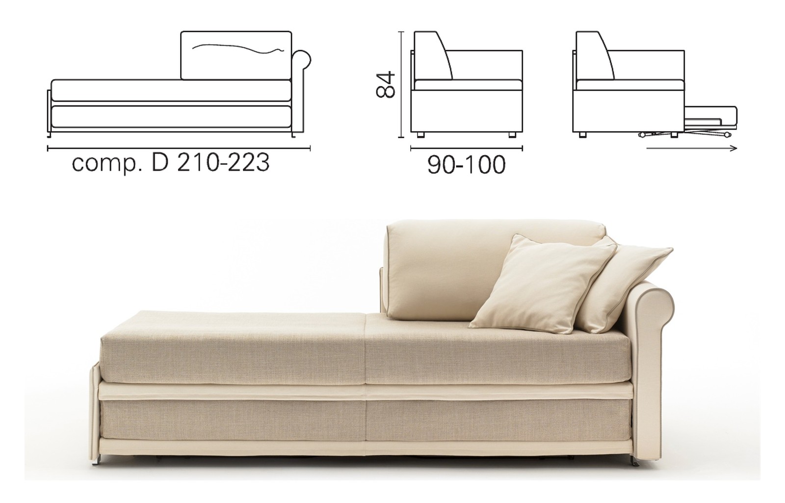 Plan coté et photo de la méridienne BK 163 Meridienne Twice composition D, un accoudoir bas, dossier à coussin, 84 cm
