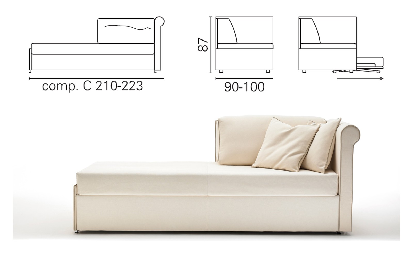 Plan coté et photo de la méridienne BK 163 Meridienne composition C, un accoudoir haut, dossier à coussin, 87 cm