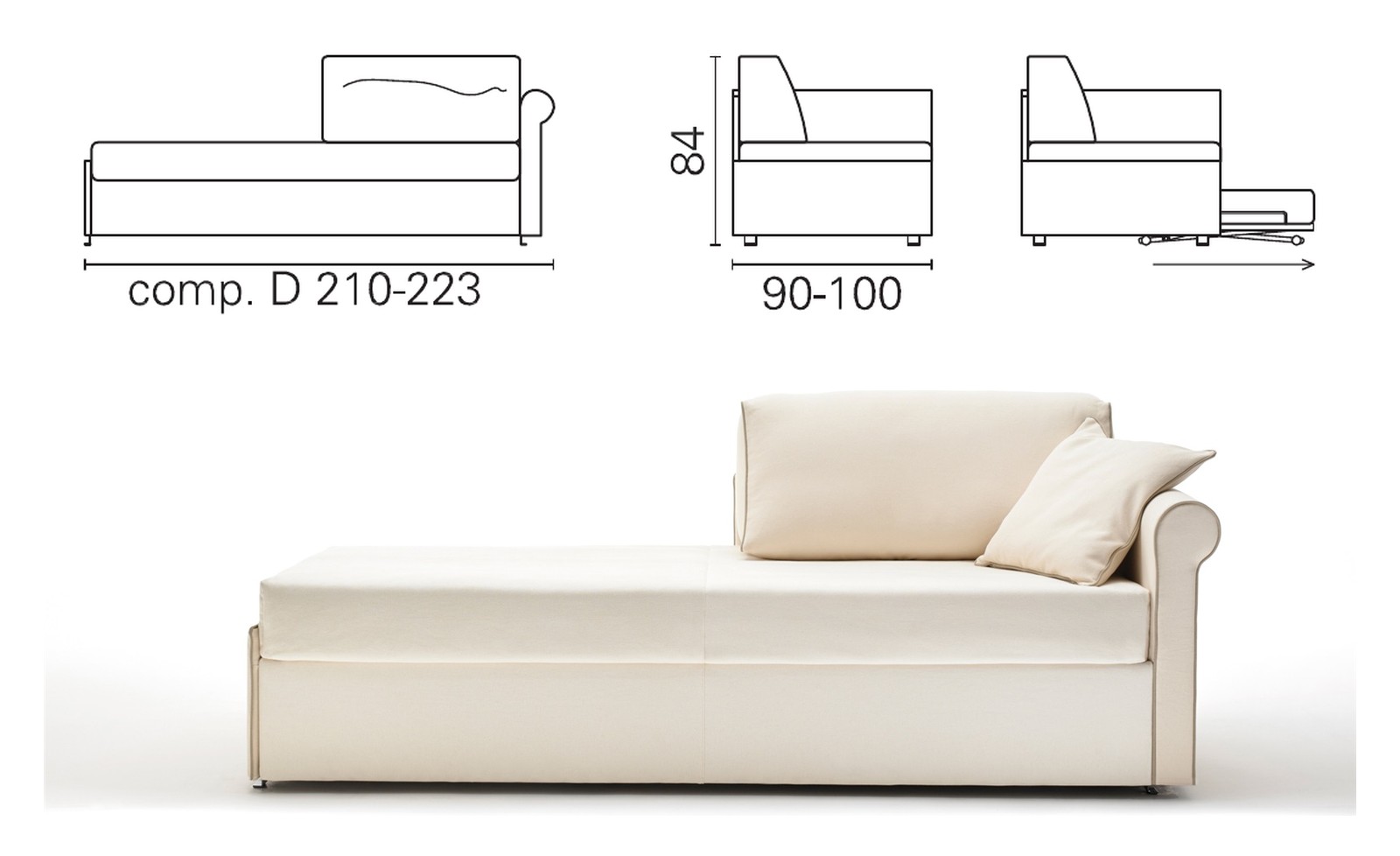Plan coté et photo de la méridienne BK 163 Meridienne composition D, un accoudoir bas, dossier à coussin, 84 cm