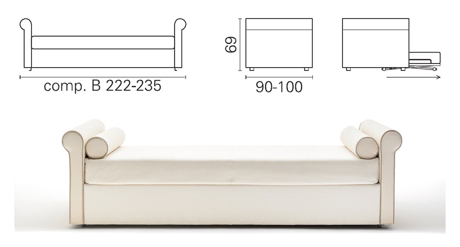 Plan coté et photo du lit BK 164 composition B, deux têtes de lit basses, 69 cm