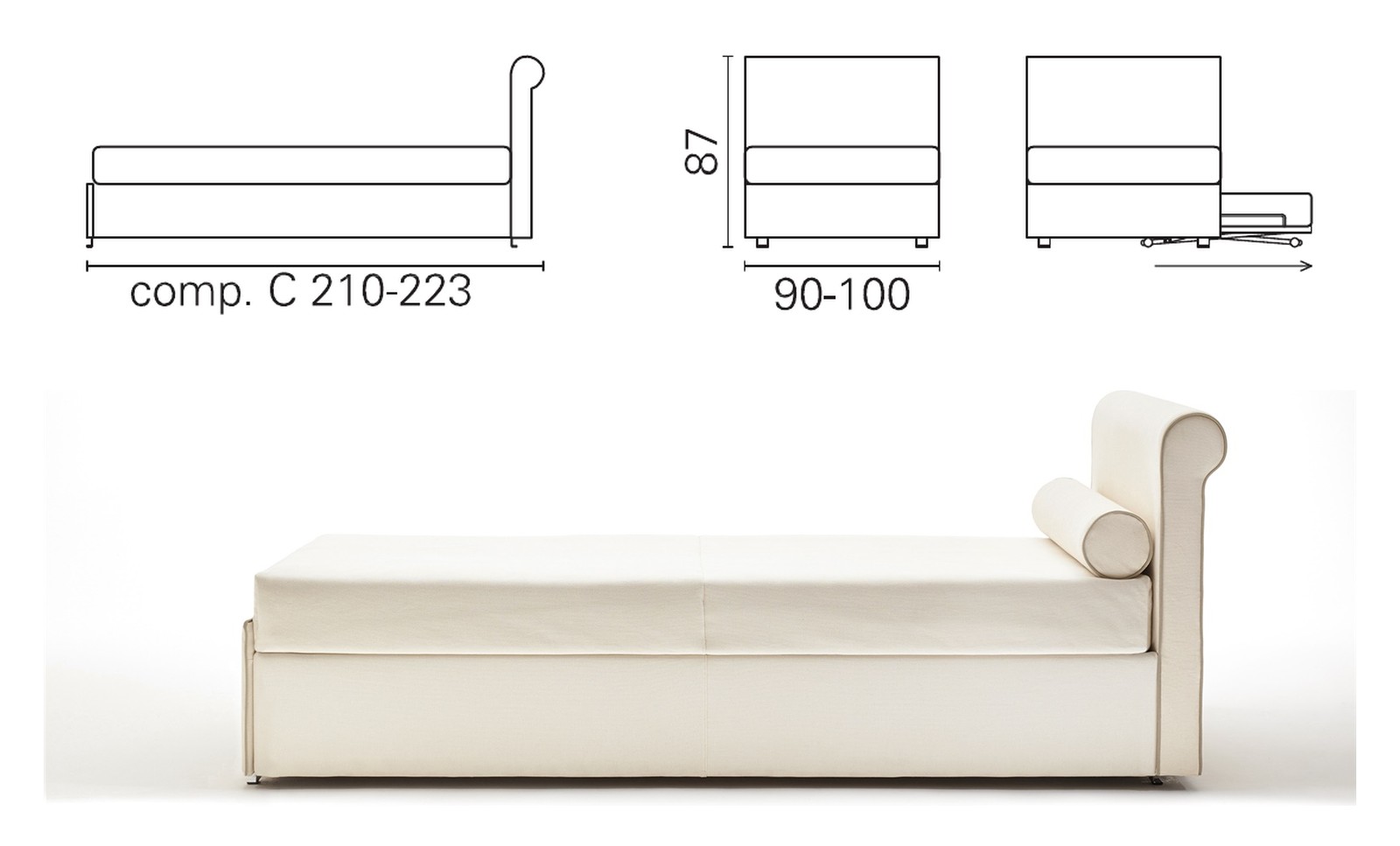 Plan coté et photo du lit BK 164 composition C, une tête de lit haute, 87 cm