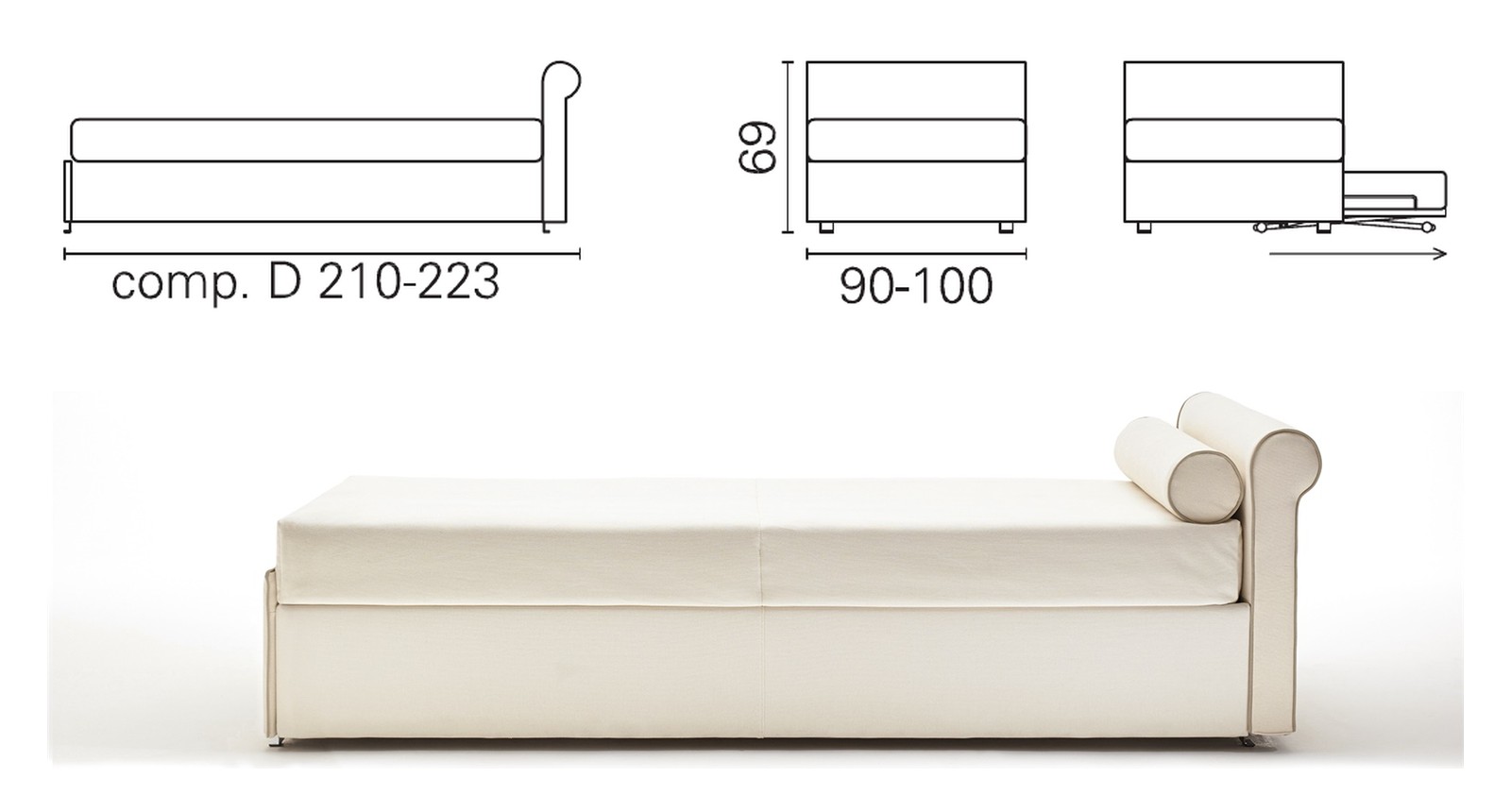Plan coté et photo du lit BK 164 composition D, une tête de lit basse, 69 cm