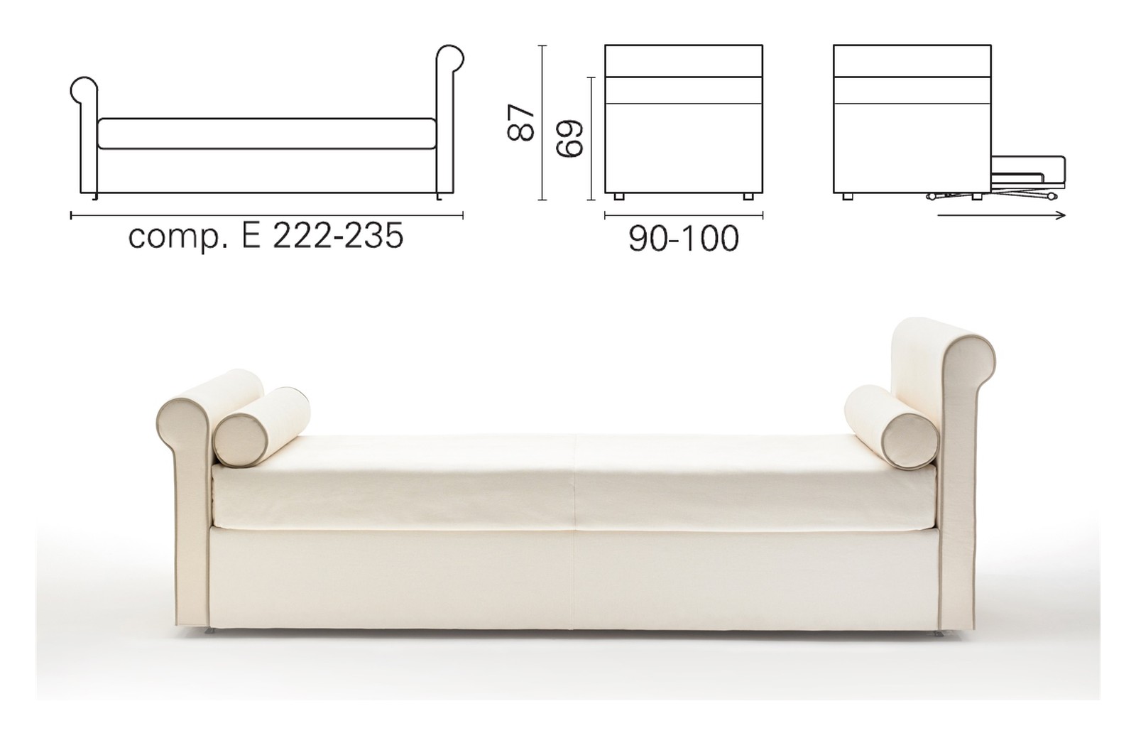 Plan coté et photo du lit BK 164 composition E, une tête de lit haute, une basse, 87 et 69 cm