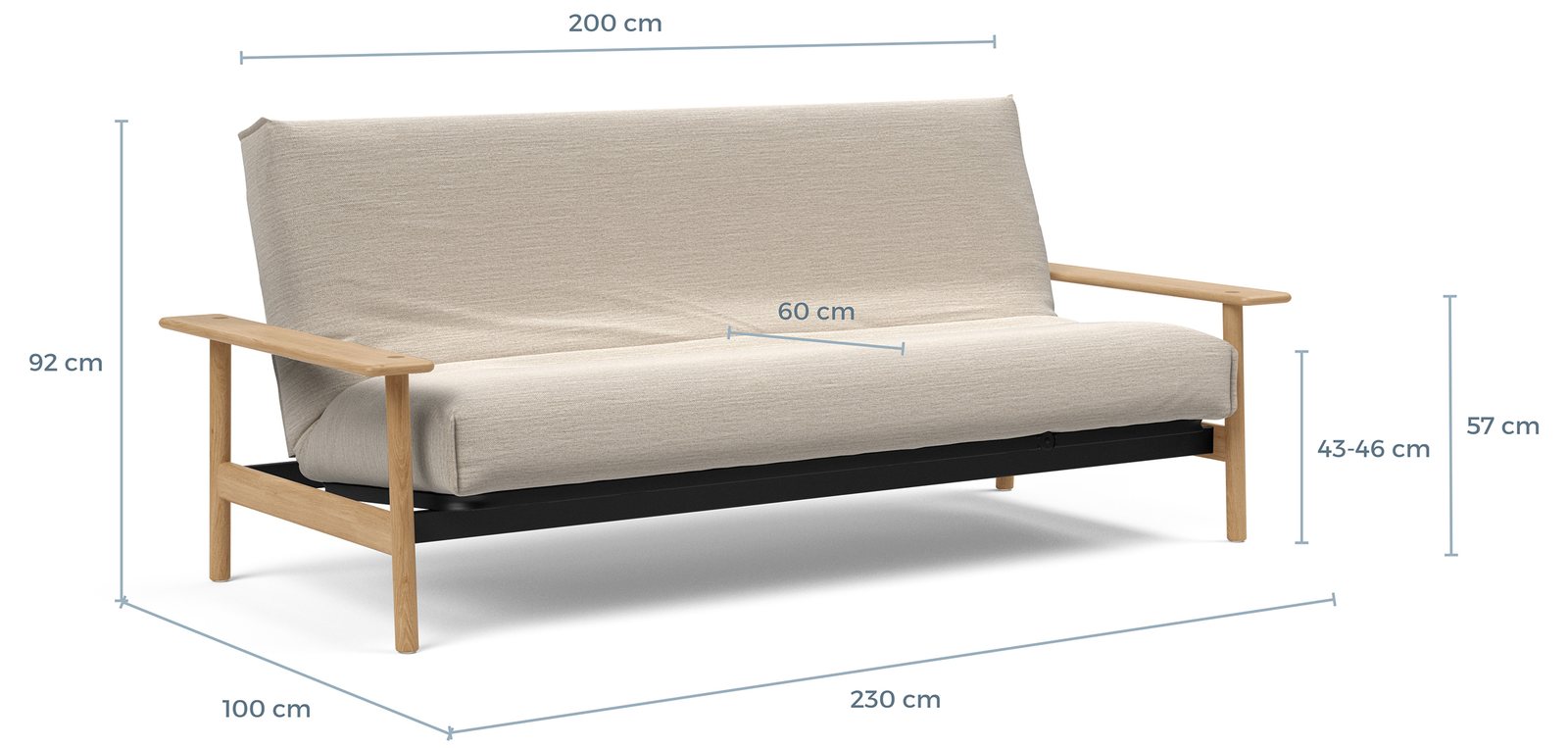 Schema cote du Balder en position canape : 230 x 100 x 92 cm