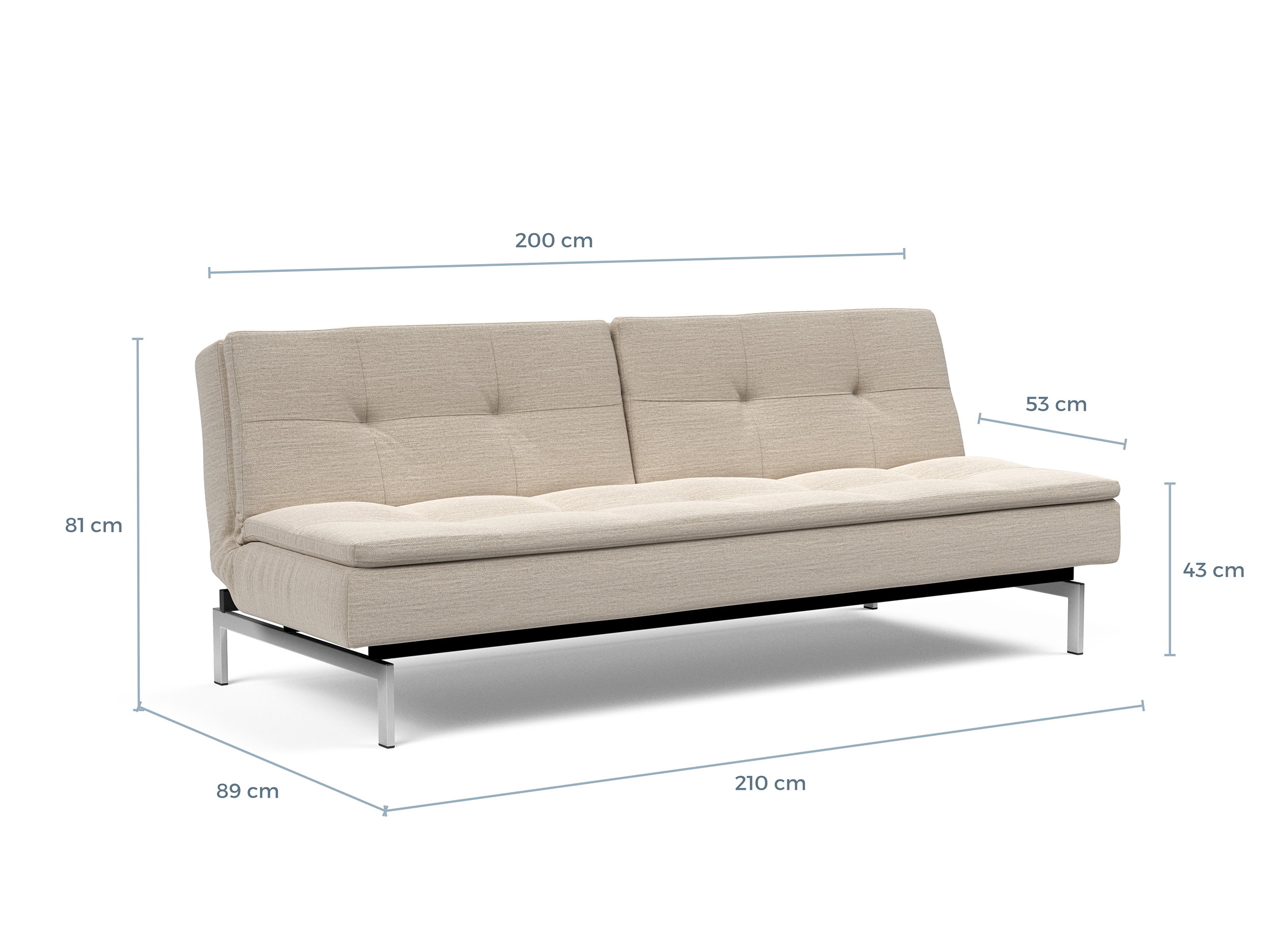 Schéma coté du Dublexo Innovation Living en piètement chromé, 210 x 89 x 81 cm