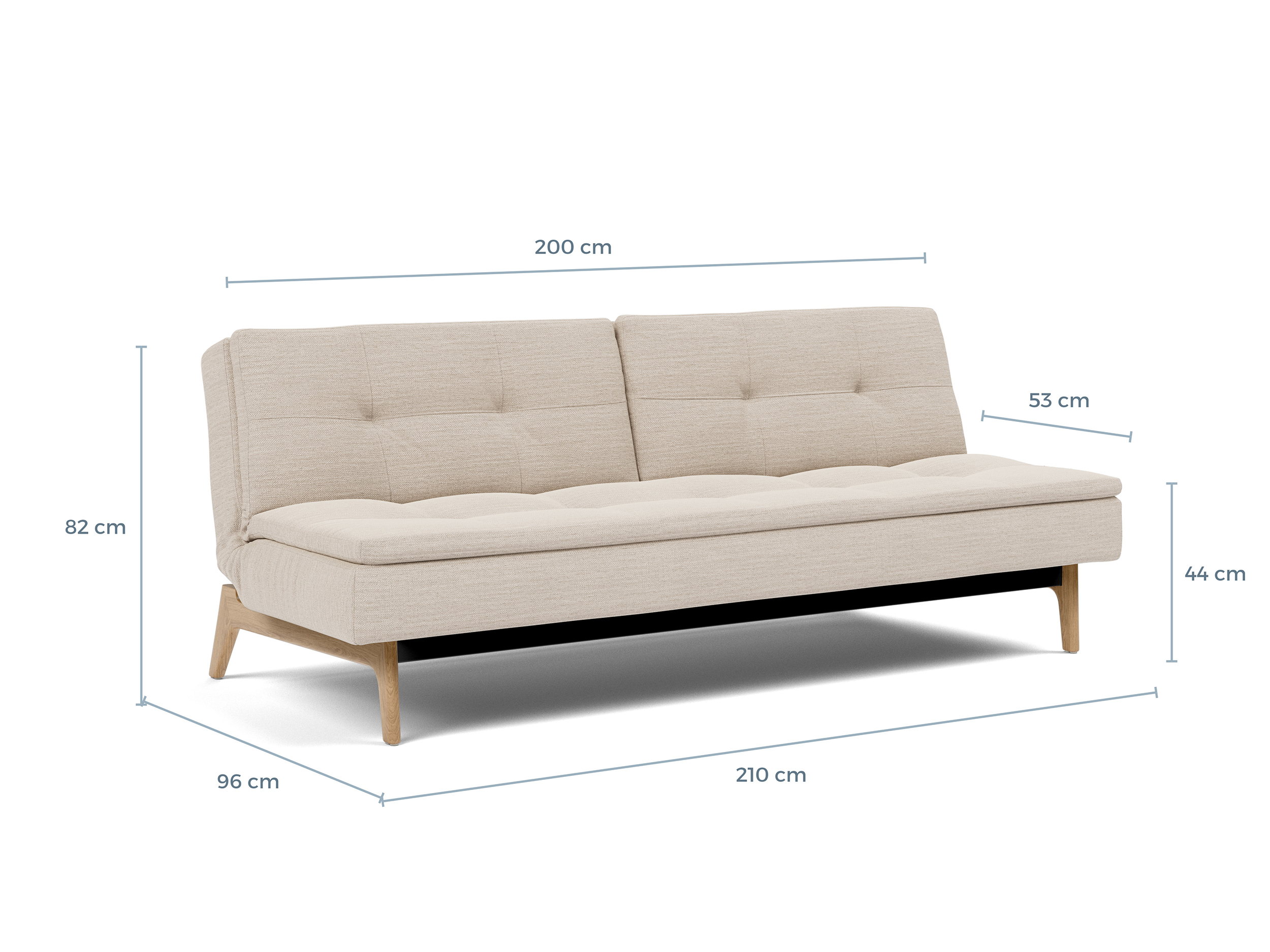 Schéma coté du Dublexo Innovation Living en pieds chêne, 210 x 96 x 82 cm