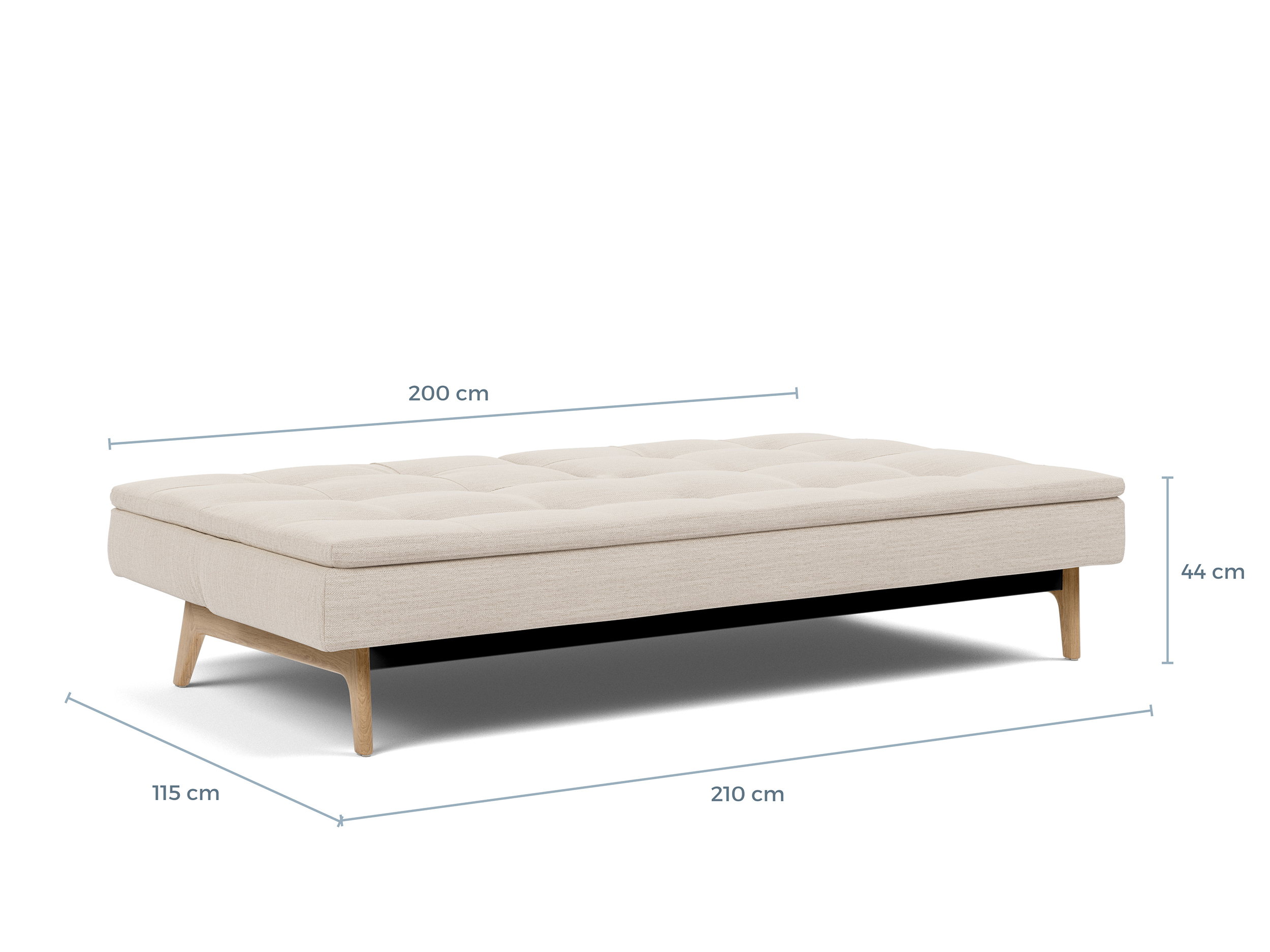 Schéma coté du Dublexo Innovation Living ouvert en lit, couchage 115 x 200 cm