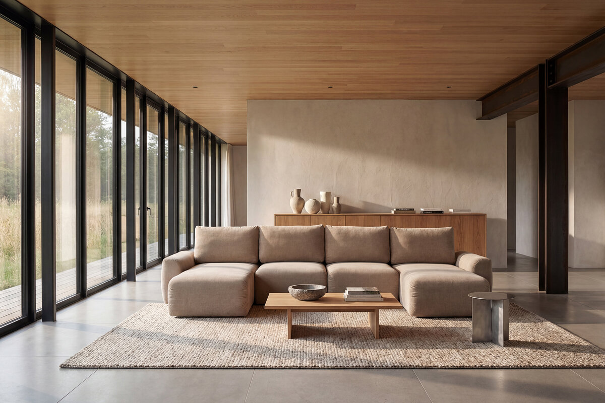 Canapé convertible panoramique Norum scandinave en U accoudoirs Chunky en Esina Mocha, en situation