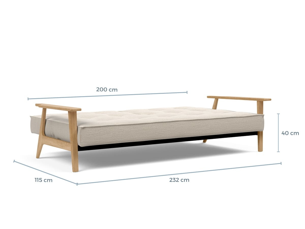 Schéma coté du Splitback Frej Innovation Living ouvert en lit, 232 x 115 x 40 cm