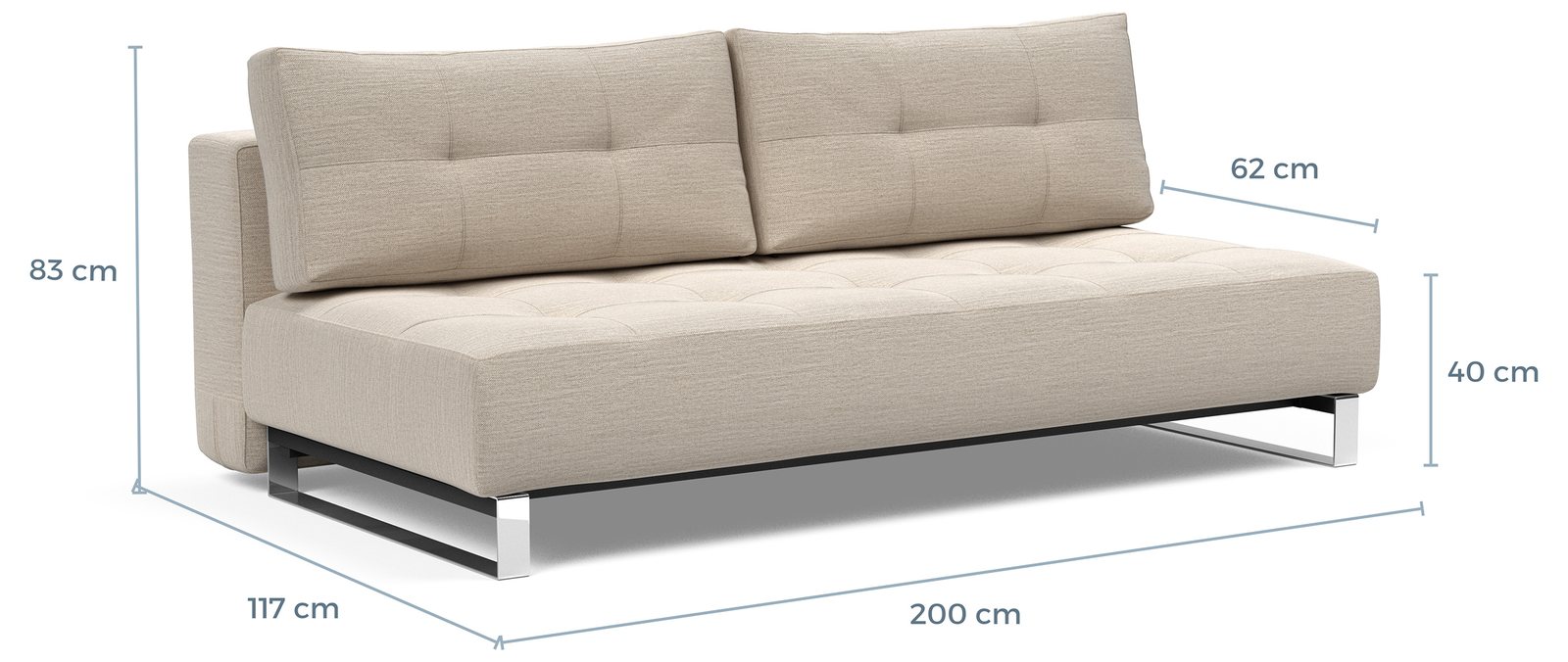 Schema cote du Supremax en position canape : 200 x 117 x 83 cm