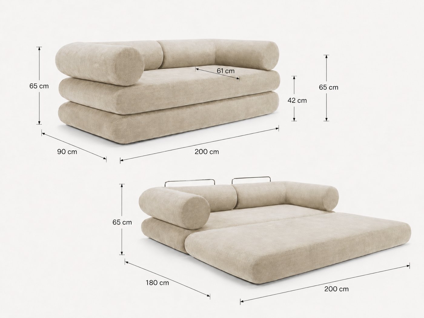 Schema des dimensions du Circlus, canape 200x90x65 cm, lit 180x200 cm, Innovation Living